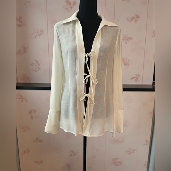 Wayf Tops - WAYF Cream sheer tie front blouse collared Romantic Long sleeve top S